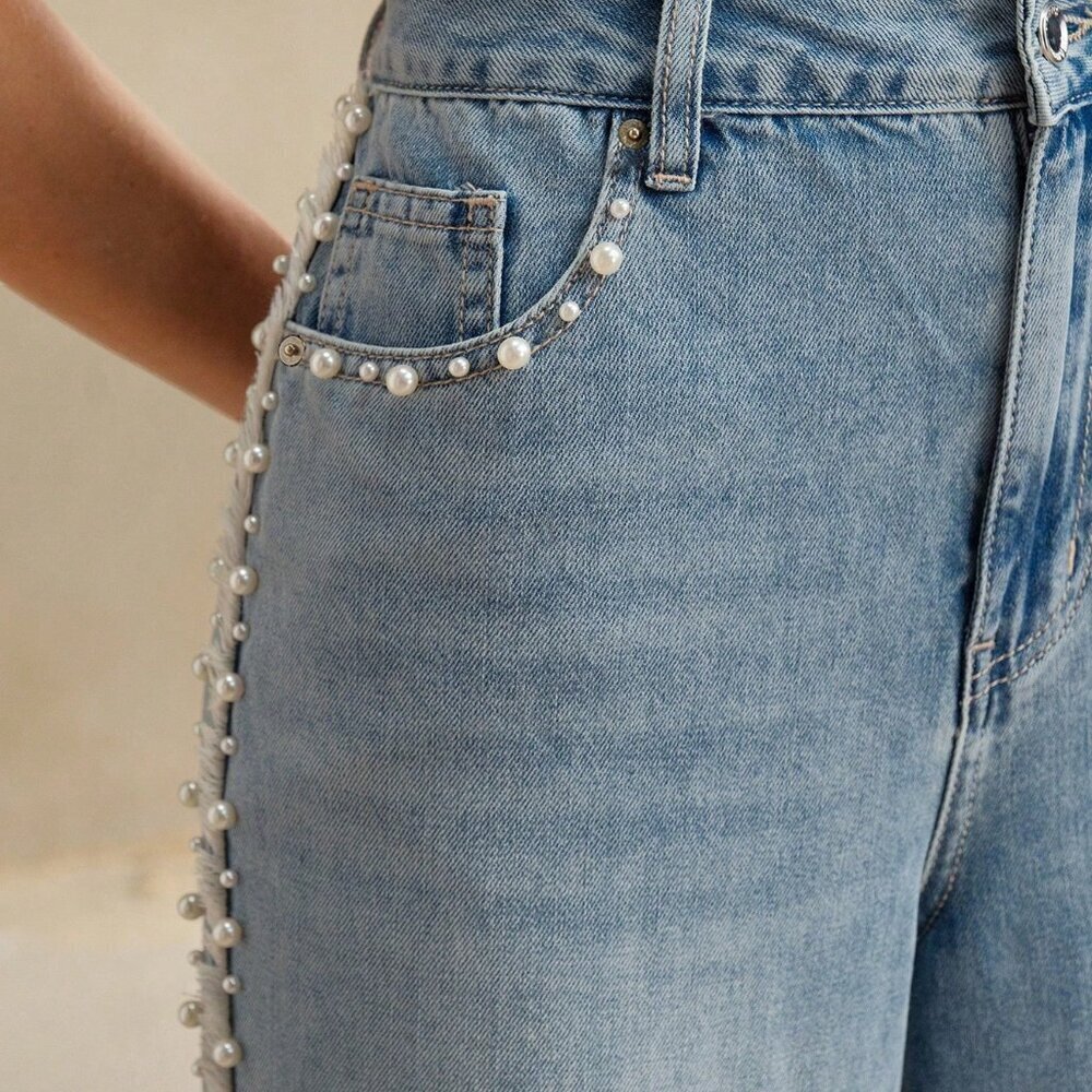 Blue Casual Women's Denim Jeans With Pearls And Pockets - Picture 7 of 7